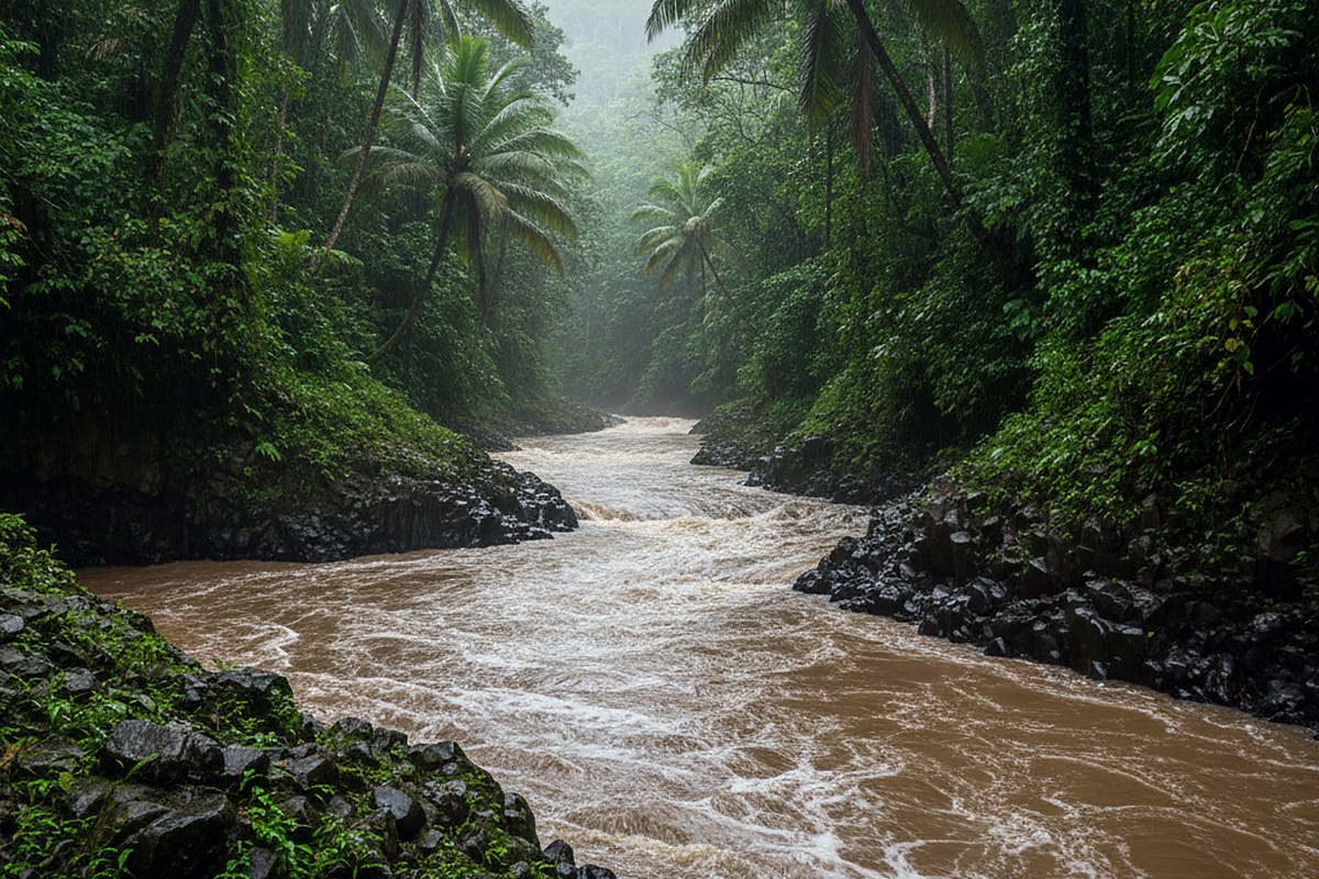 A river swollen brown after rain moving fast between mossy basalt banks