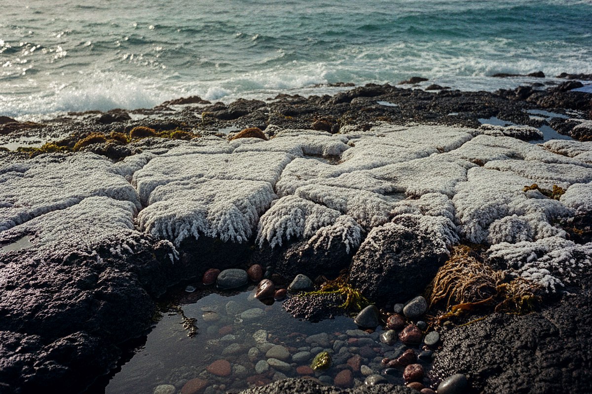 A close view of a lava bench with the wet line and dried salt clearly separating two zones